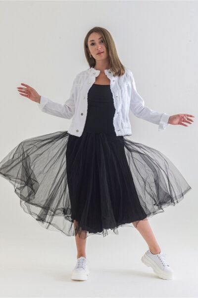 Kadın Power Strech Çıt Çıtlı Slim Fit Denim Ceket Beyaz - 44