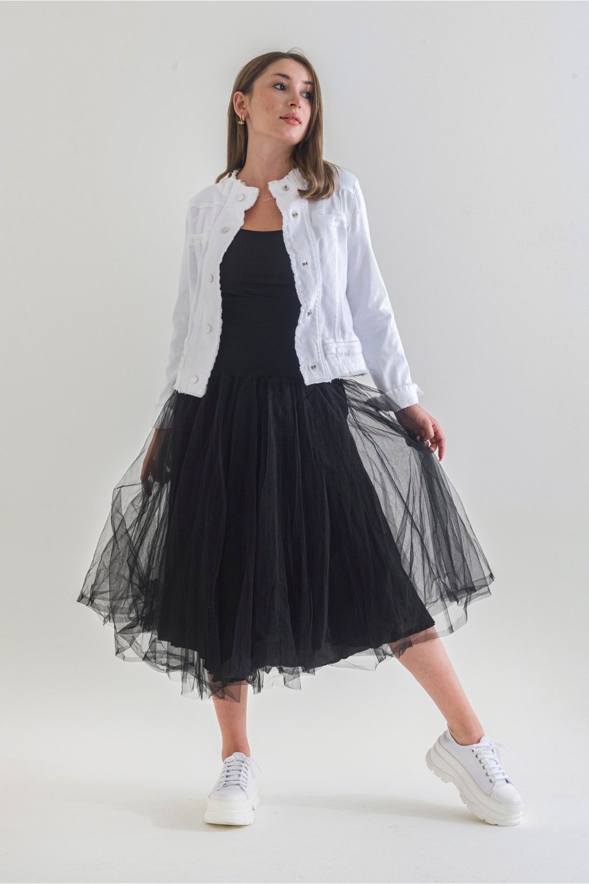 Kadın Power Strech Çıt Çıtlı Slim Fit Denim Ceket Beyaz - 44