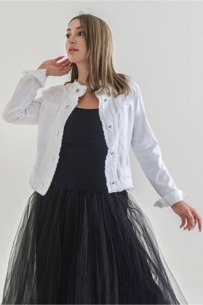 Kadın Power Strech Çıt Çıtlı Slim Fit Denim Ceket Beyaz - 44