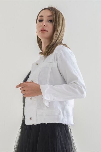 Kadın Power Strech Çıt Çıtlı Slim Fit Denim Ceket Beyaz - 44