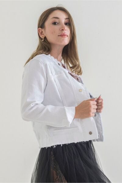 Kadın Power Strech Çıt Çıtlı Slim Fit Denim Ceket Beyaz - 44