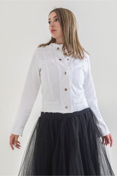 Kadın Power Strech Çıt Çıtlı Slim Fit Denim Ceket Beyaz - 44
