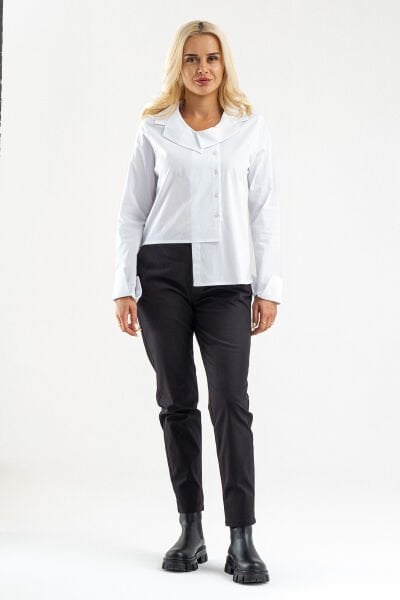 Bold & Young Kadın Manşetli Asimetrik Bebe Yaka  Likrali Pamuklu Bluz Beyaz - 3XL