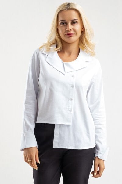 Bold & Young Kadın Manşetli Asimetrik Bebe Yaka  Likrali Pamuklu Bluz Beyaz - 3XL