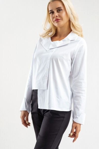 Bold & Young Kadın Manşetli Asimetrik Bebe Yaka  Likrali Pamuklu Bluz Beyaz - 3XL