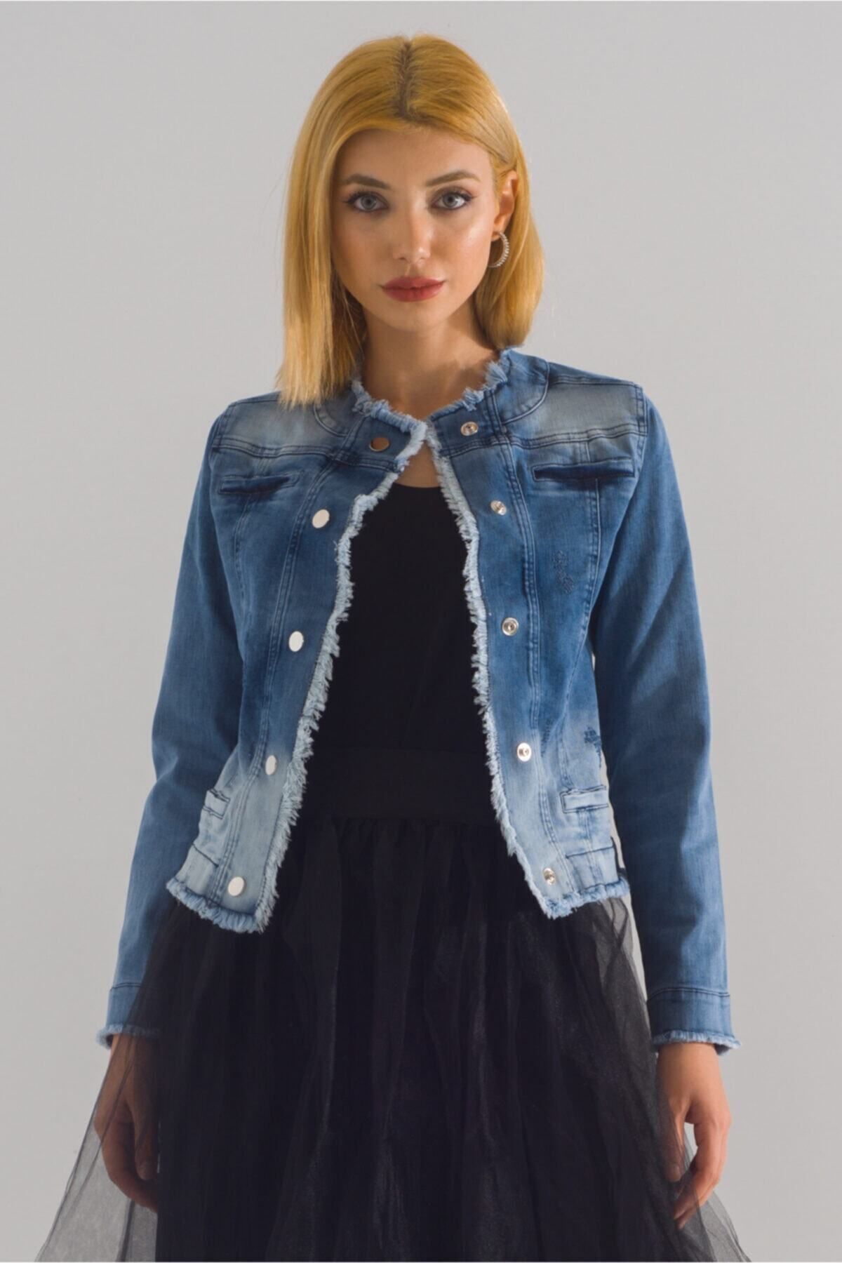 Kadın Power Strech Çıt Çıtlı Slim Fit Denim Ceket Mavi - 42