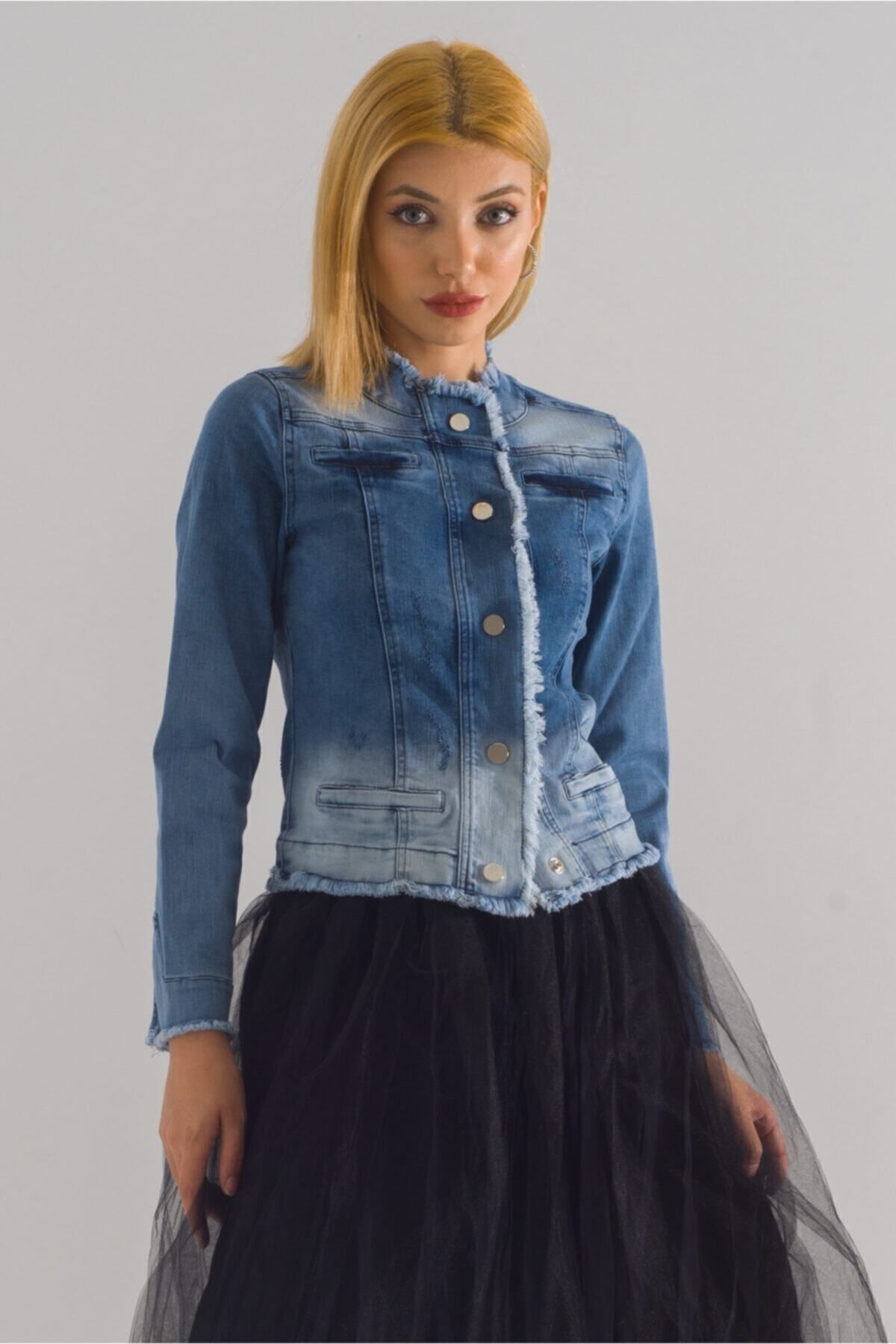 Kadın Power Strech Çıt Çıtlı Slim Fit Denim Ceket Mavi - 42