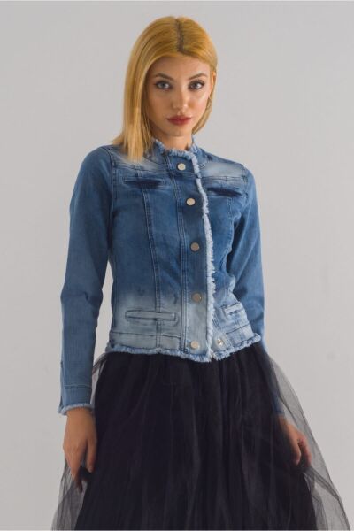 Kadın Power Strech Çıt Çıtlı Slim Fit Denim Ceket Mavi - 42