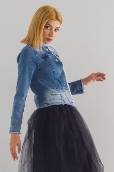 Kadın Power Strech Çıt Çıtlı Slim Fit Denim Ceket Mavi - 42