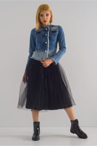 Kadın Power Strech Çıt Çıtlı Slim Fit Denim Ceket Mavi - 42