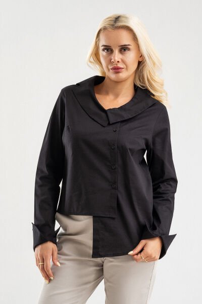 Bold & Young Kadın Manşetli Asimetrik Bebe Yaka  Likrali Pamuklu Bluz Siyah - 3XL