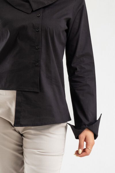 Bold & Young Kadın Manşetli Asimetrik Bebe Yaka  Likrali Pamuklu Bluz Siyah - 3XL