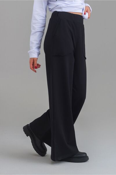 Kadın Siyah Renk Viskon Polyester Likralı Cepli Bol Paça Beli Lastikli Pantolon Siyah - XL