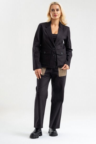 Bold & Young Kadın Üç Cepli Likralı Pamuklu Astarsız Blazer Ceket Siyah - 2XL