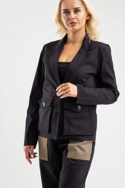 Bold & Young Kadın Üç Cepli Likralı Pamuklu Astarsız Blazer Ceket Siyah - 2XL