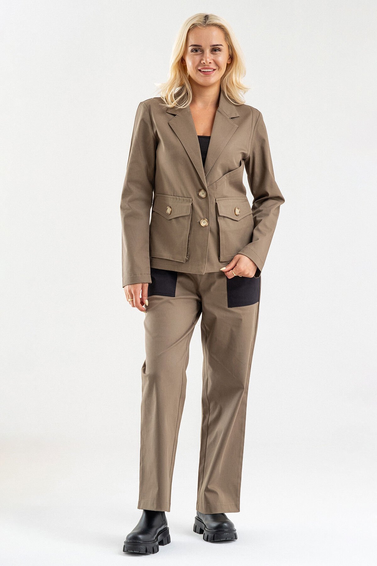 Bold & Young Kadın Üç Cepli Likralı Pamuklu Astarsız Blazer Ceket Haki - 2XL