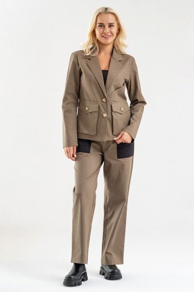 Bold & Young Kadın Üç Cepli Likralı Pamuklu Astarsız Blazer Ceket Haki - 2XL