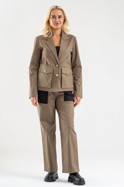 Bold & Young Kadın Üç Cepli Likralı Pamuklu Astarsız Blazer Ceket Haki - 2XL
