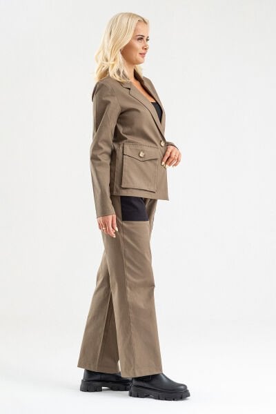 Bold & Young Kadın Üç Cepli Likralı Pamuklu Astarsız Blazer Ceket Haki - 2XL