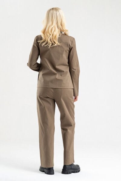 Bold & Young Kadın Üç Cepli Likralı Pamuklu Astarsız Blazer Ceket Haki - 2XL
