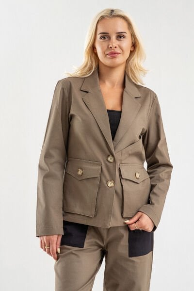Bold & Young Kadın Üç Cepli Likralı Pamuklu Astarsız Blazer Ceket Haki - 2XL