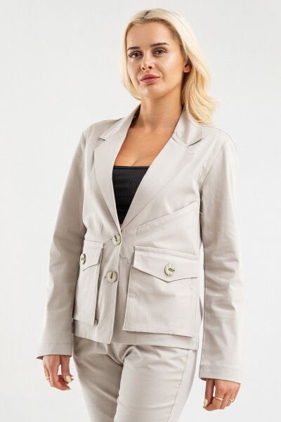 Bold & Young Kadın Üç Cepli Likralı Pamuklu Astarsız Blazer Ceket S - BEJ