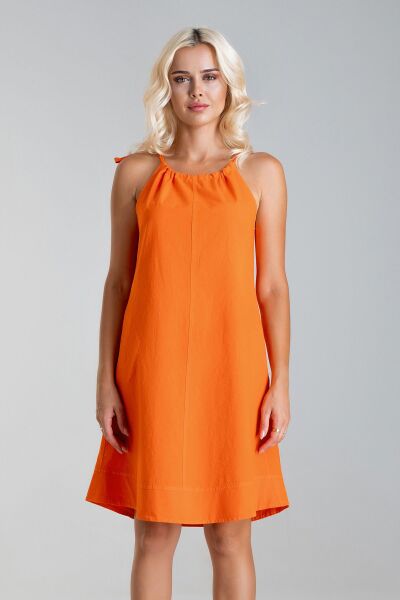 Kadın Etek Ucu Pervazlı Boyundan Bağlamalı Cepli Pamuklu Dokumat Elbise Turuncu - L
