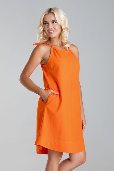 Kadın Etek Ucu Pervazlı Boyundan Bağlamalı Cepli Pamuklu Dokumat Elbise Turuncu - L