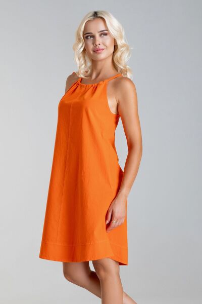 Kadın Etek Ucu Pervazlı Boyundan Bağlamalı Cepli Pamuklu Dokumat Elbise Turuncu - L