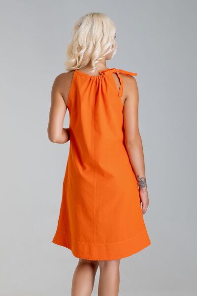 Kadın Etek Ucu Pervazlı Boyundan Bağlamalı Cepli Pamuklu Dokumat Elbise Turuncu - L