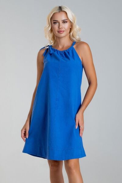 Kadın Etek Ucu Pervazlı Boyundan Bağlamalı Cepli Pamuklu Dokumat Elbise Saks mavi - S