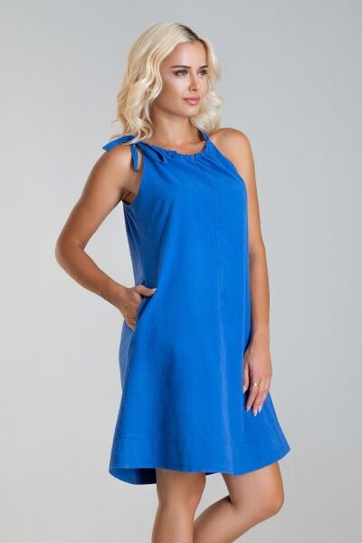 Kadın Etek Ucu Pervazlı Boyundan Bağlamalı Cepli Pamuklu Dokumat Elbise Saks mavi - S