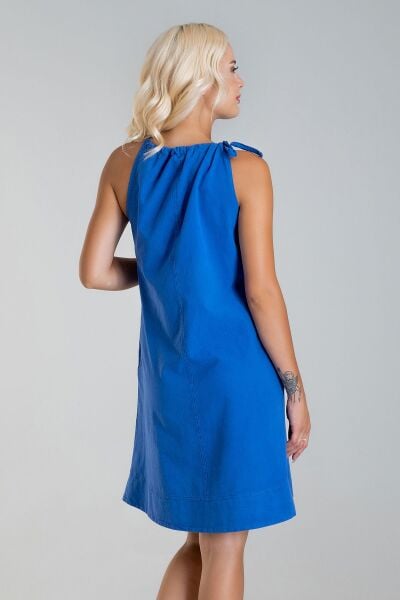 Kadın Etek Ucu Pervazlı Boyundan Bağlamalı Cepli Pamuklu Dokumat Elbise Saks mavi - S