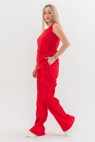 Kraşlı Cepli Beli Lastikli Viskon Polyester Dokuma Pantolon Kırmızı - S