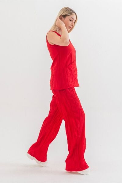 Kraşlı Cepli Beli Lastikli Viskon Polyester Dokuma Pantolon Kırmızı - S