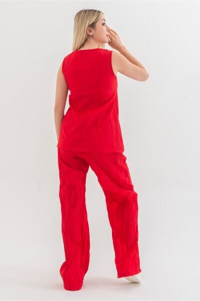 Kraşlı Cepli Beli Lastikli Viskon Polyester Dokuma Pantolon Kırmızı - S
