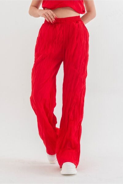 Kraşlı Cepli Beli Lastikli Viskon Polyester Dokuma Pantolon Kırmızı - S