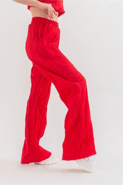 Kraşlı Cepli Beli Lastikli Viskon Polyester Dokuma Pantolon Kırmızı - S