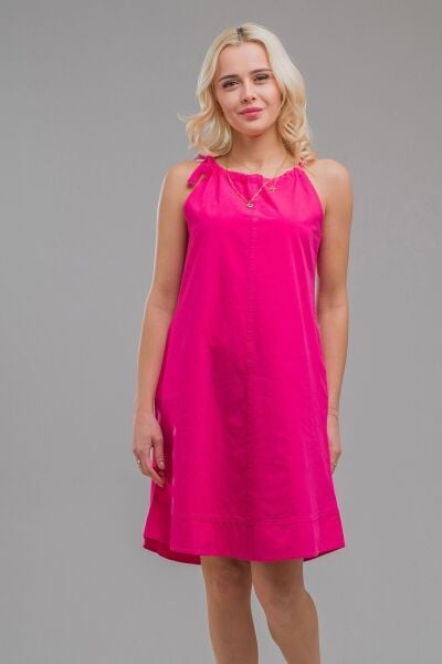 Kadın Etek Ucu Pervazlı Boyundan Bağlamalı Cepli Pamuklu Dokumat Elbise fuşya cepli - M