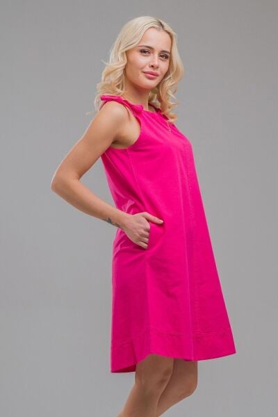 Kadın Etek Ucu Pervazlı Boyundan Bağlamalı Cepli Pamuklu Dokumat Elbise fuşya cepli - M
