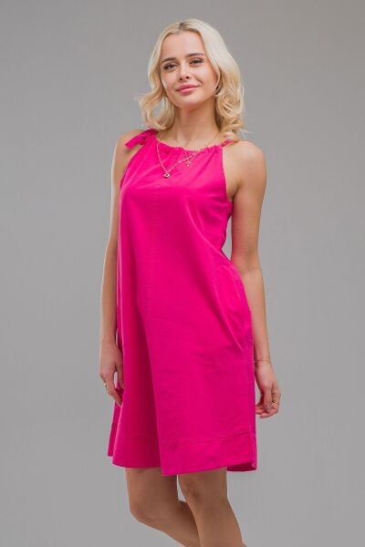 Kadın Etek Ucu Pervazlı Boyundan Bağlamalı Cepli Pamuklu Dokumat Elbise fuşya cepli - M