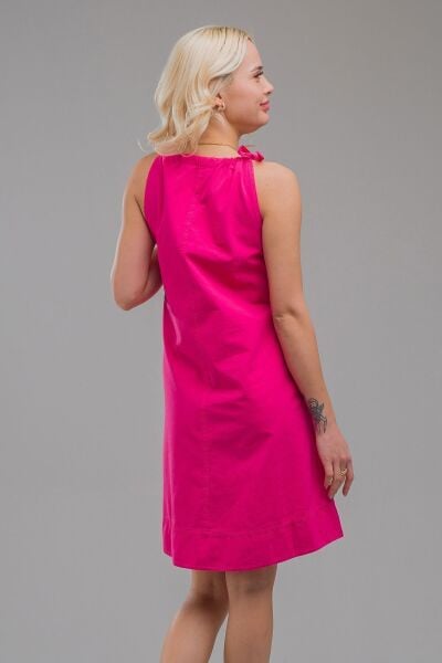 Kadın Etek Ucu Pervazlı Boyundan Bağlamalı Cepli Pamuklu Dokumat Elbise fuşya cepli - M