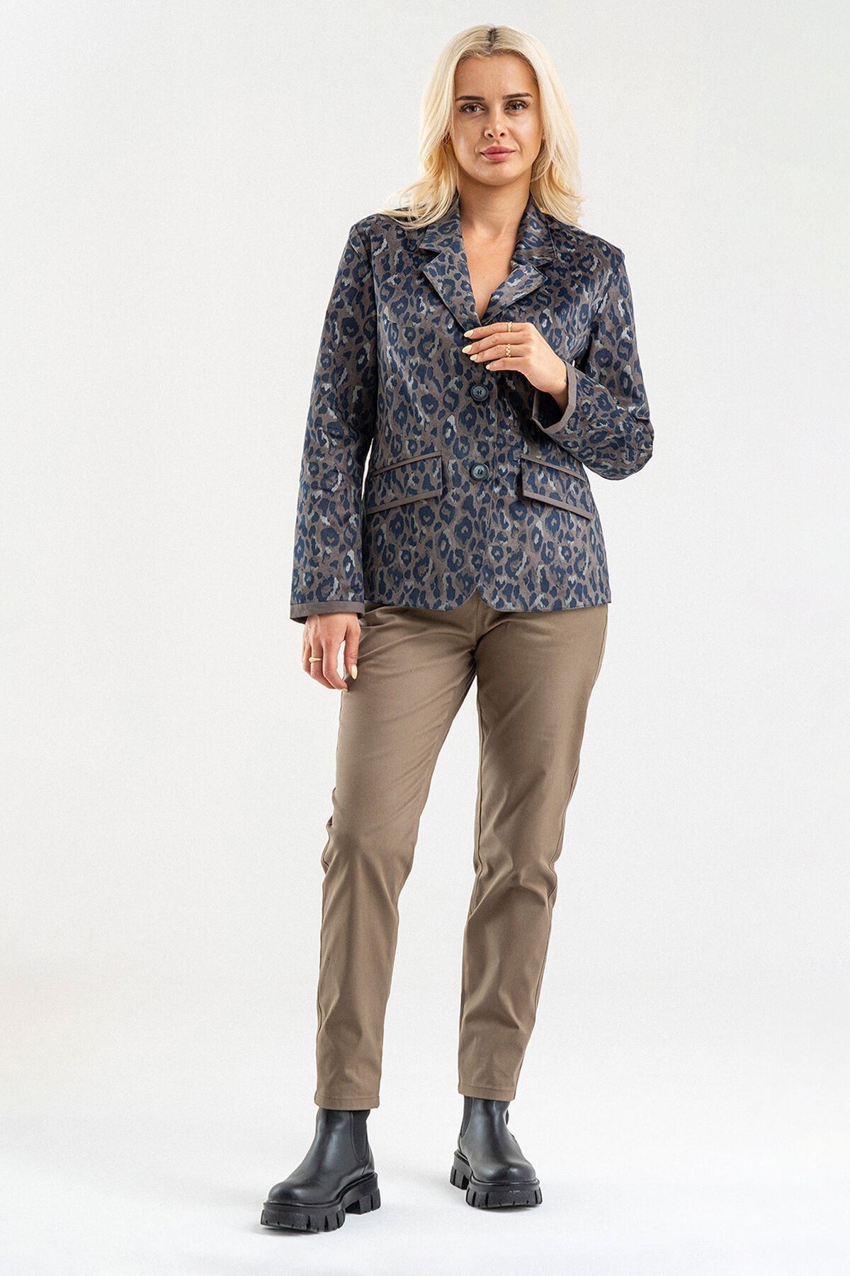 Bold & Young Kadın Baskılı Kadife Blazer Ceket – Likralı Pamuklu Kumaş, Astarlı, Çift Cepli Haki - 3XL