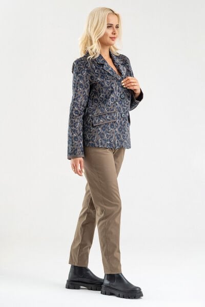 Bold & Young Kadın Baskılı Kadife Blazer Ceket – Likralı Pamuklu Kumaş, Astarlı, Çift Cepli Haki - 3XL