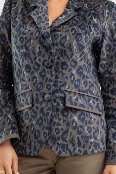 Bold & Young Kadın Baskılı Kadife Blazer Ceket – Likralı Pamuklu Kumaş, Astarlı, Çift Cepli Haki - 3XL