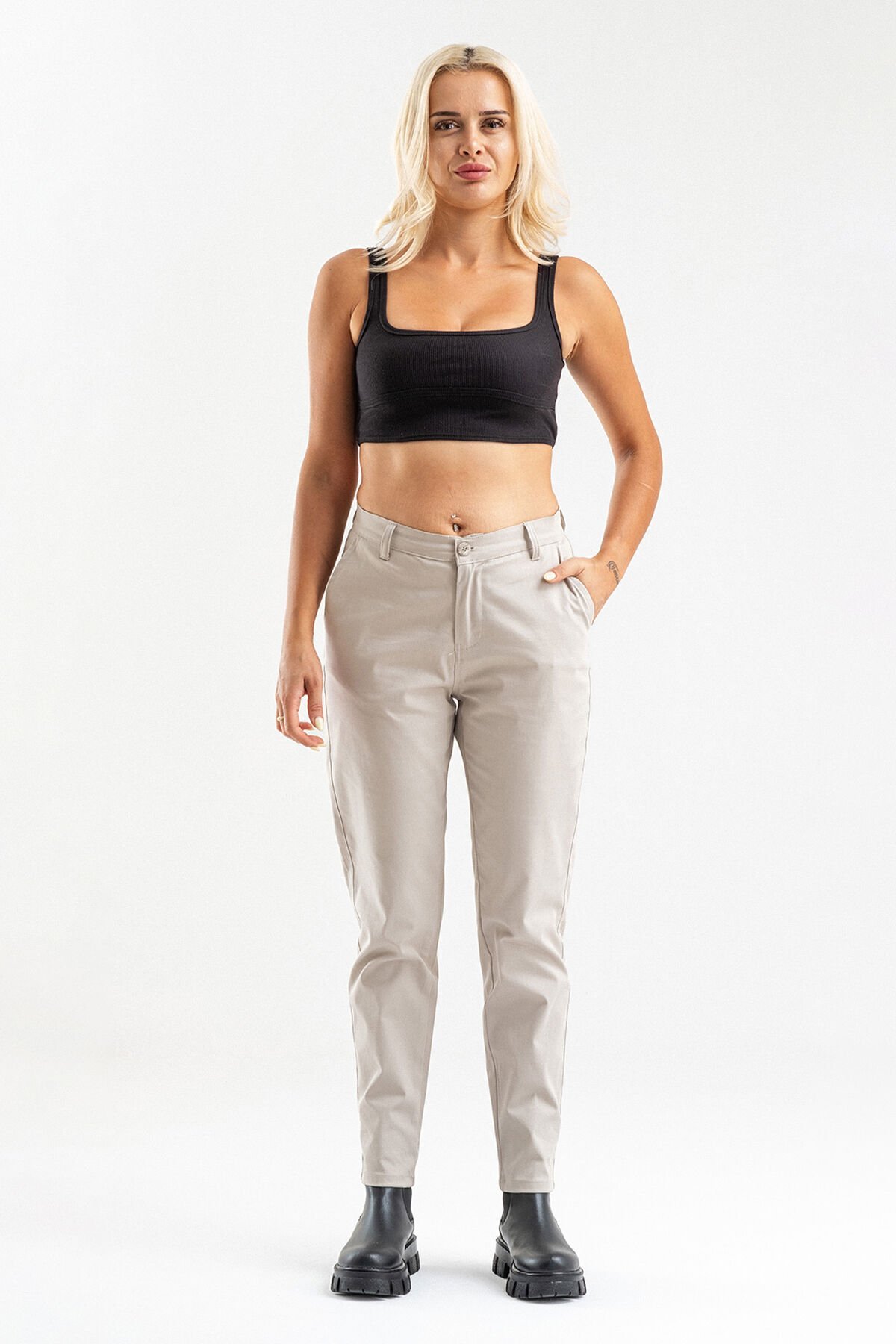 Bold & Young Kadın Likralı Pamuklu Kumaş Yandan Cepli Pantolon 2XL - BEJ