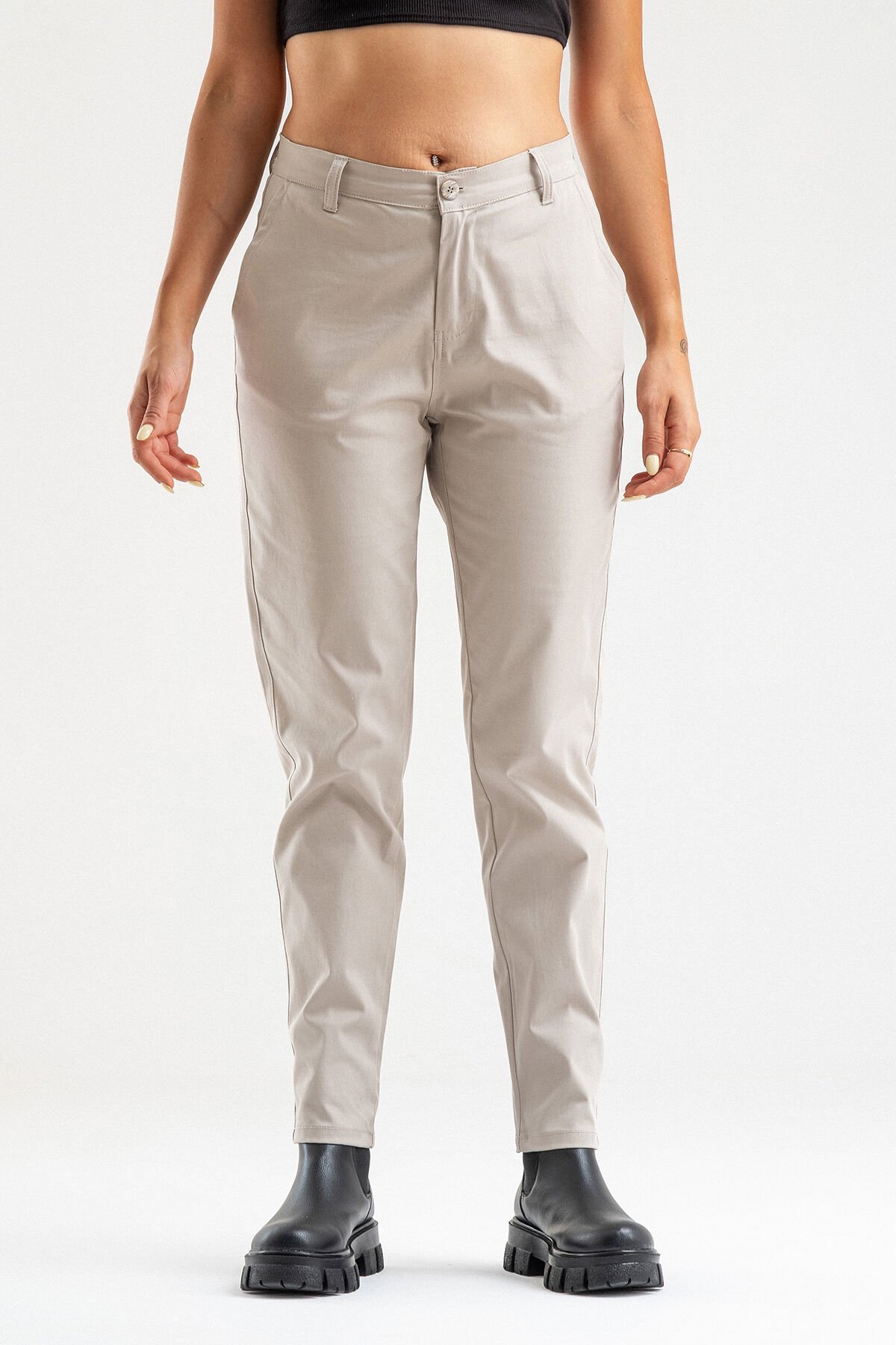 Bold & Young Kadın Likralı Pamuklu Kumaş Yandan Cepli Pantolon 2XL - BEJ