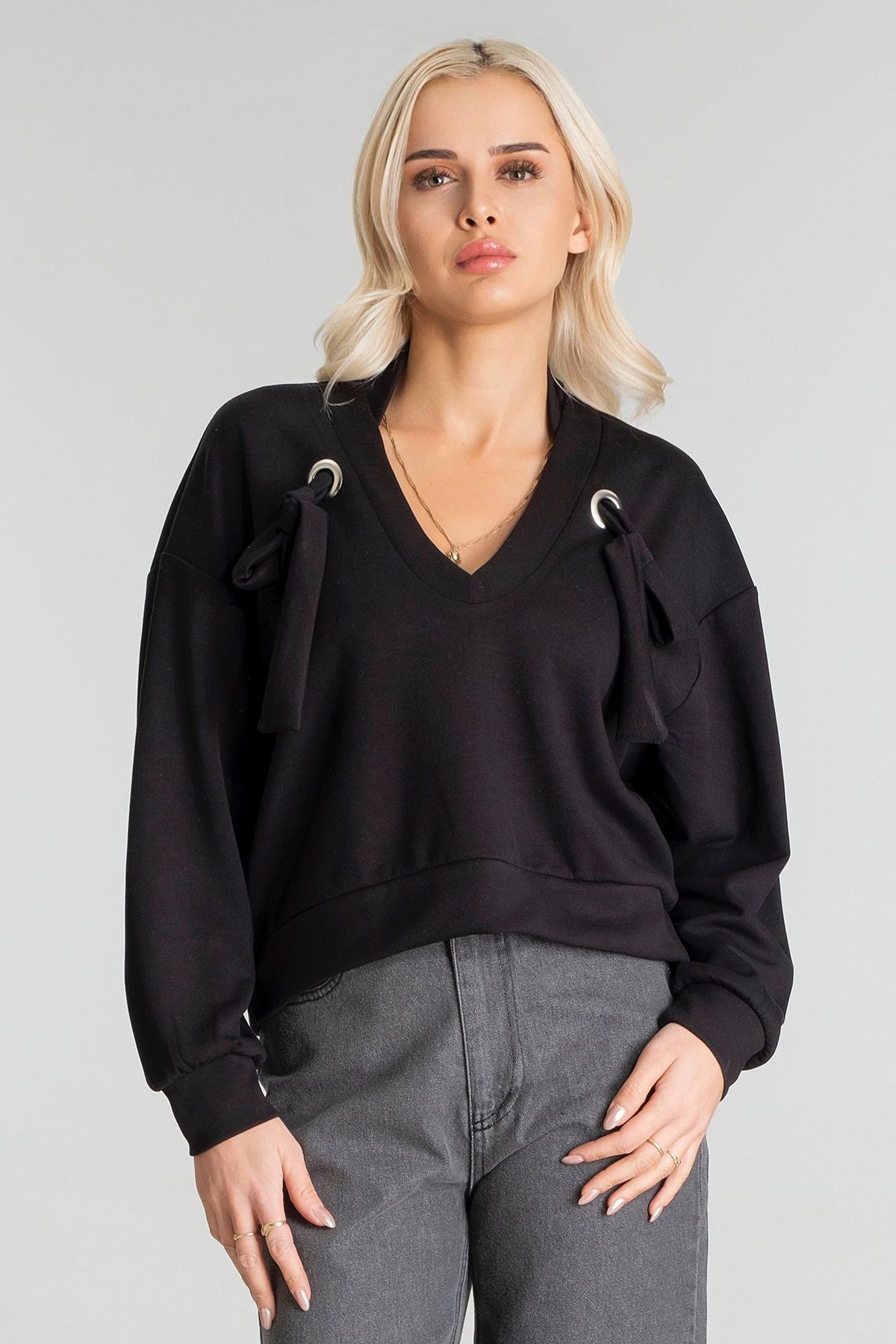 Kadın Modal Cupra Kumaş Kuşgözü Kordonlu Sweatshirt M - Siyah