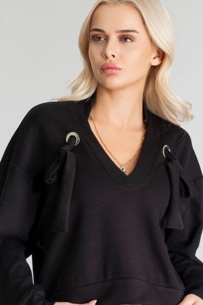 Kadın Modal Cupra Kumaş Kuşgözü Kordonlu Sweatshirt M - Siyah