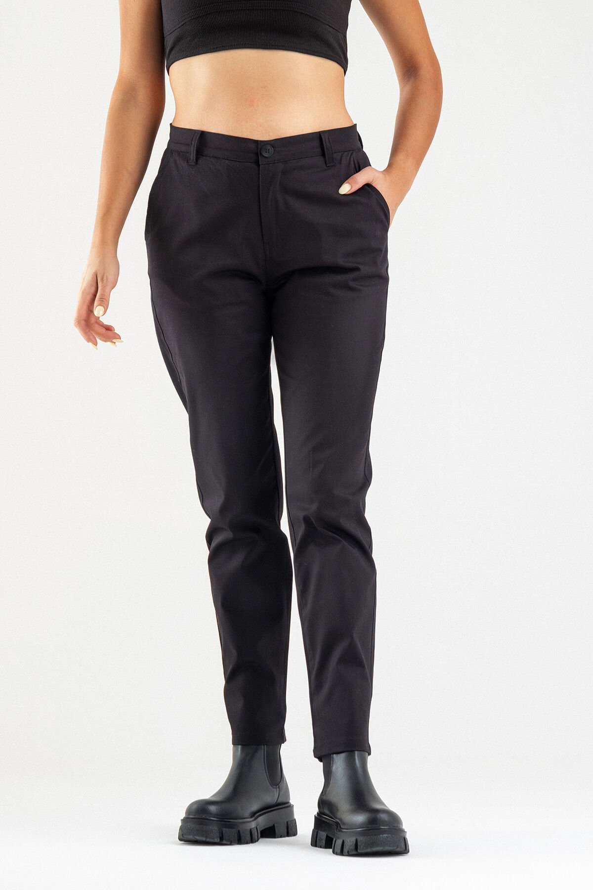 Bold & Young Kadın Likralı Pamuklu Kumaş Yandan Cepli Pantolon Siyah - 2XL